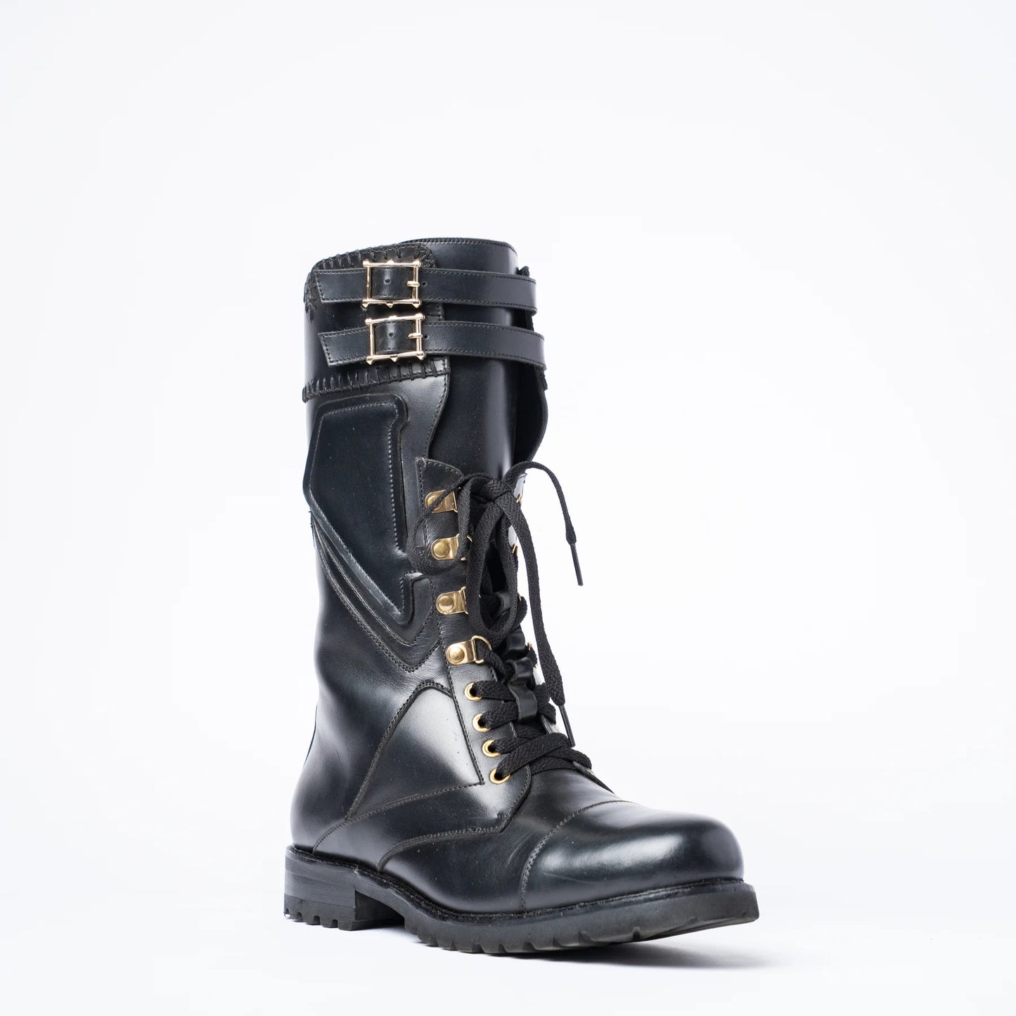BLACK ROLEX STUDDED COMBAT BOOTS