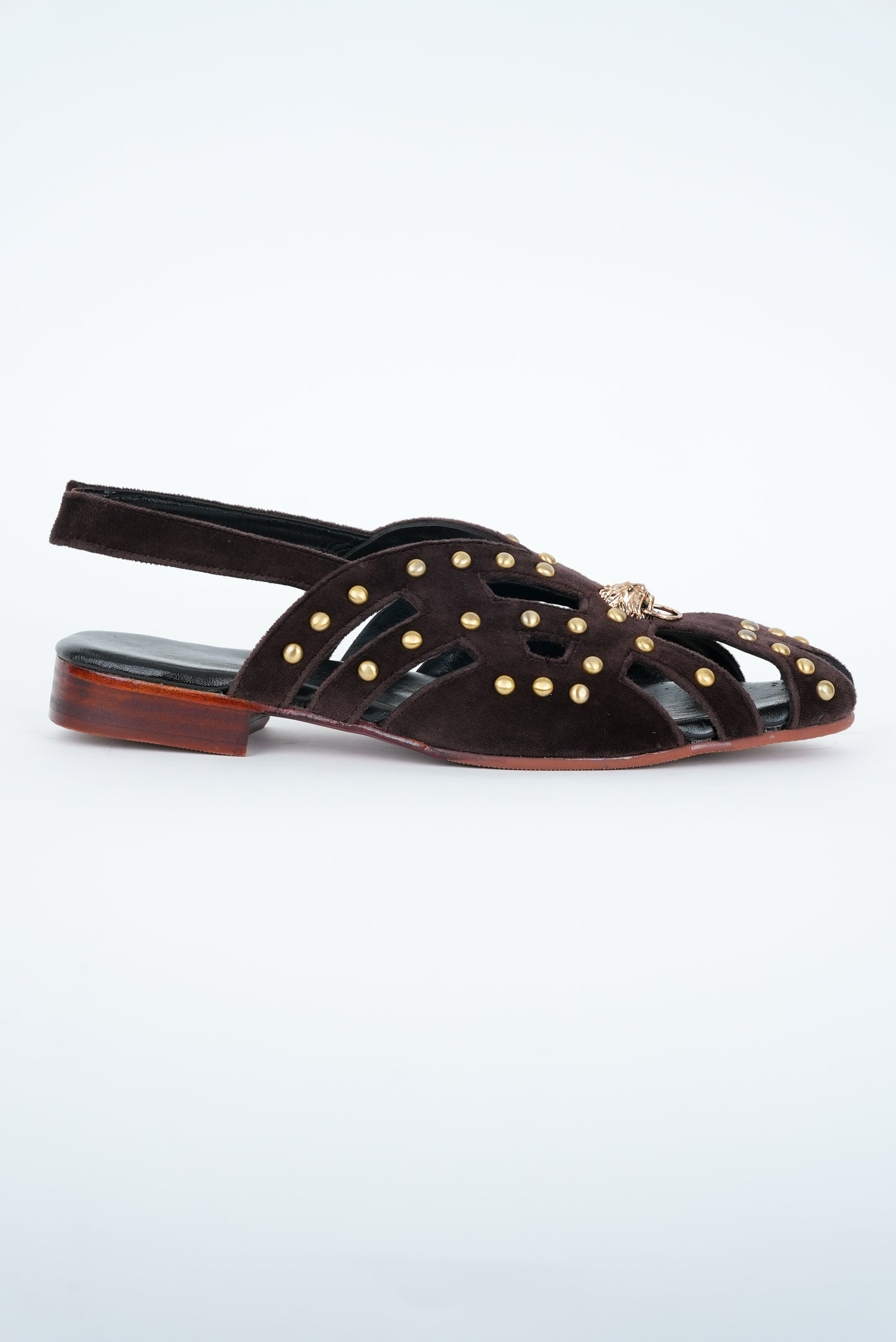CLASSIC BROWN STRIPE WITH GOLD PINS AND LION STUD CUT SANDALS