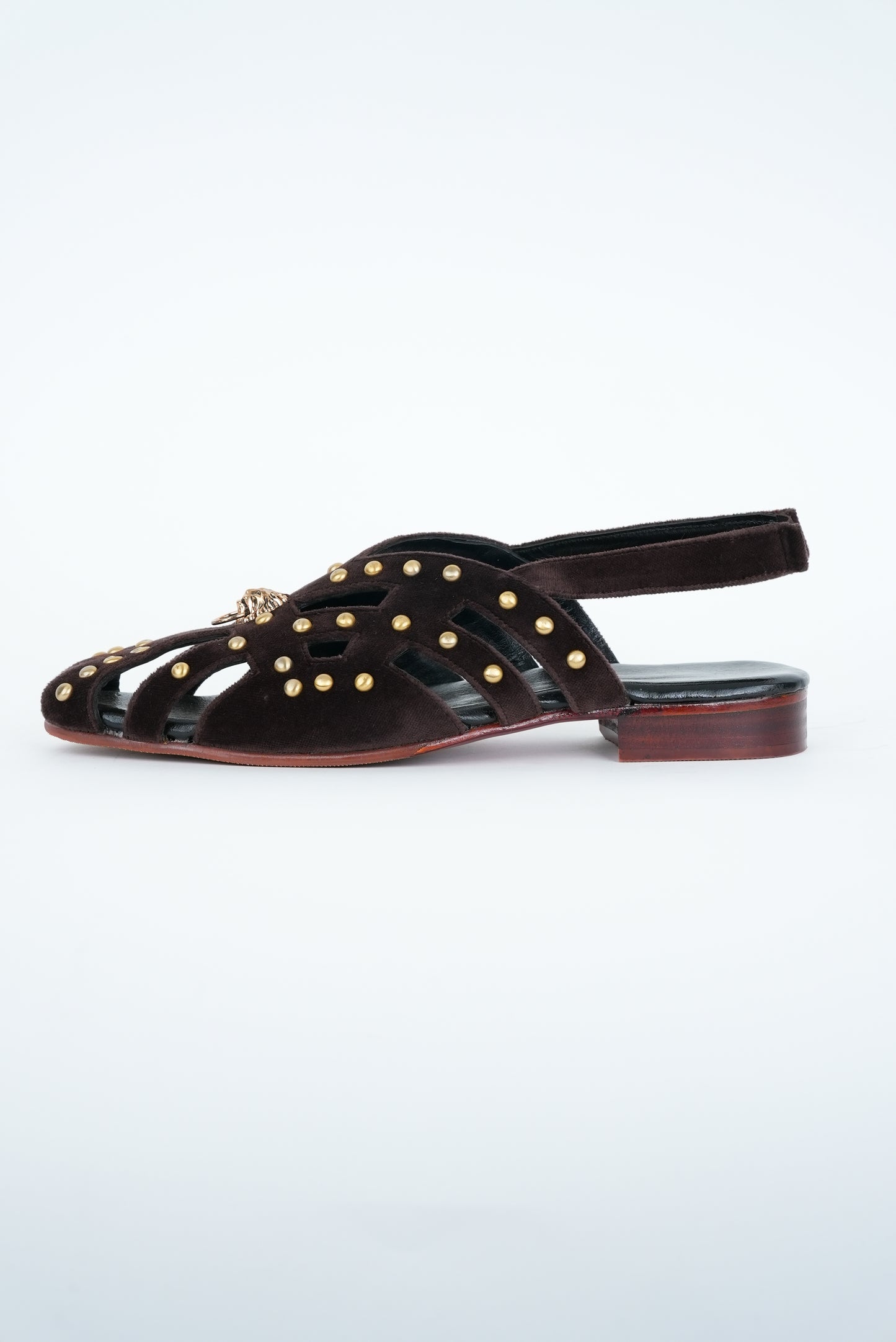 CLASSIC BROWN STRIPE WITH GOLD PINS AND LION STUD CUT SANDALS