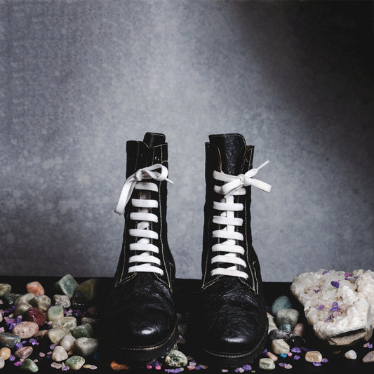 Black Tall Crinkle Boots - White Lacing