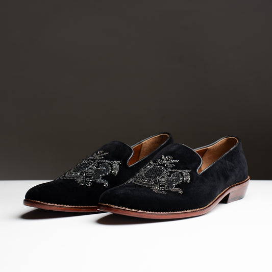 Embroidery Black Suede Slip-Ons