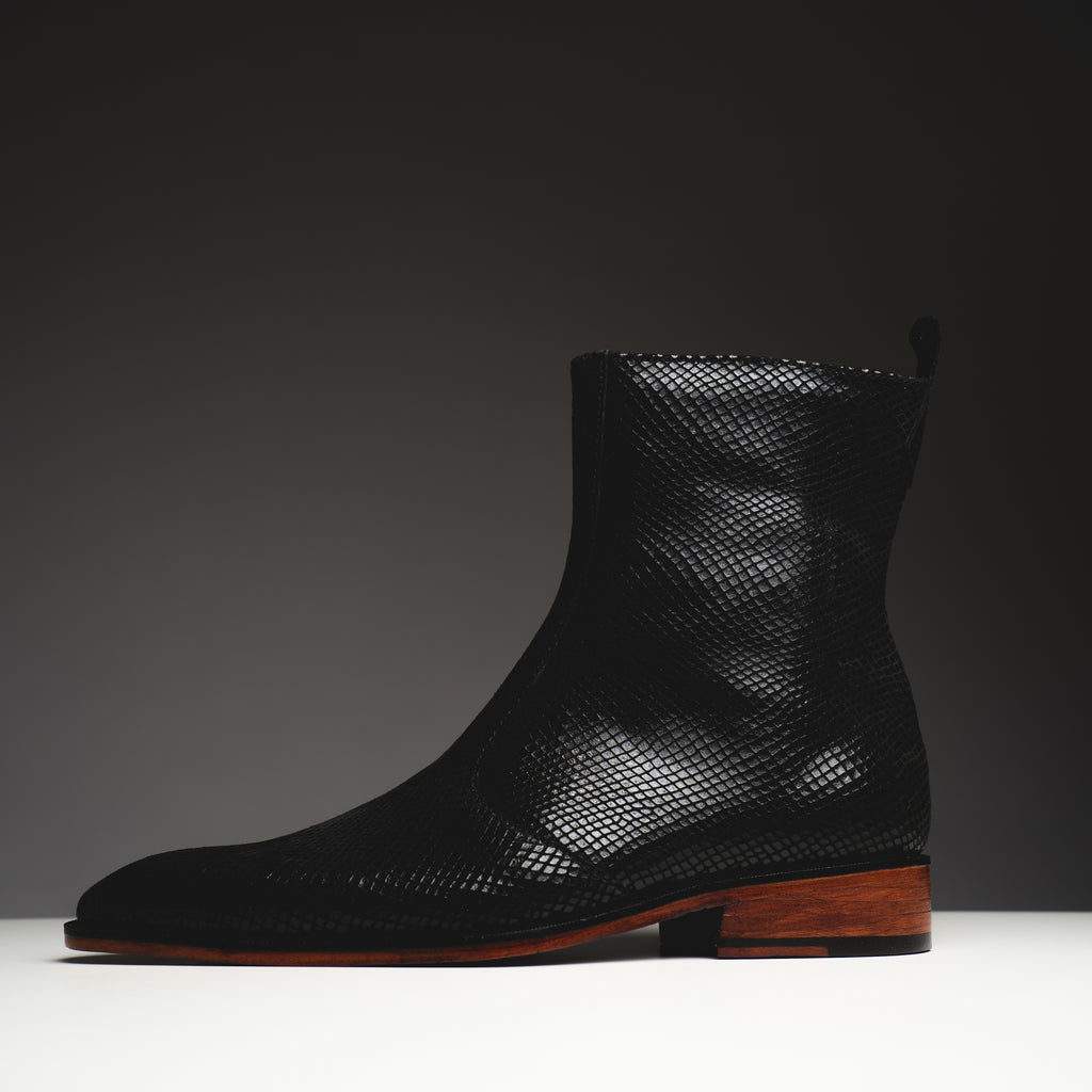 Black printed python boots