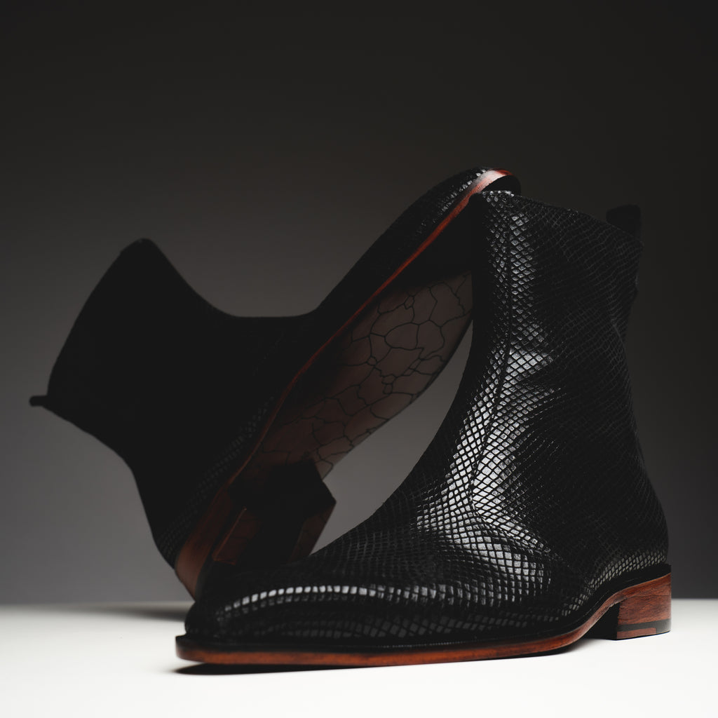 Black printed python boots