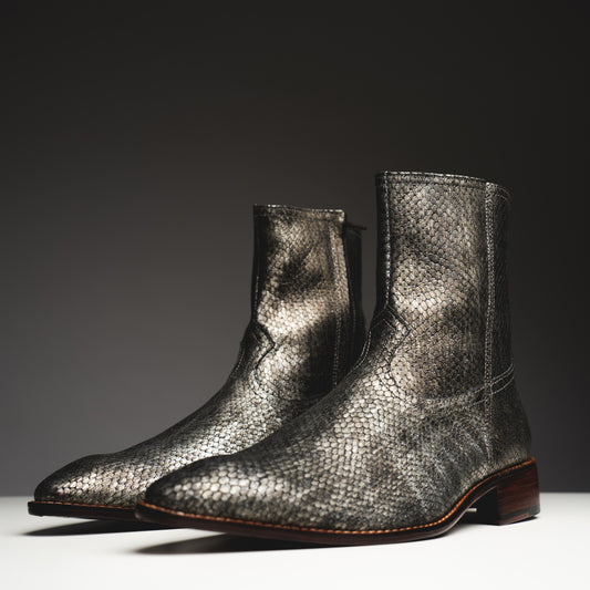 Copper printed python boots