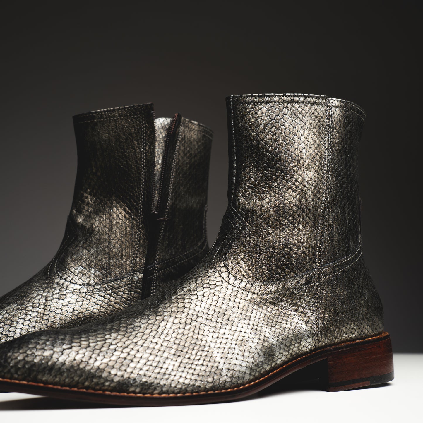 Copper printed python boots