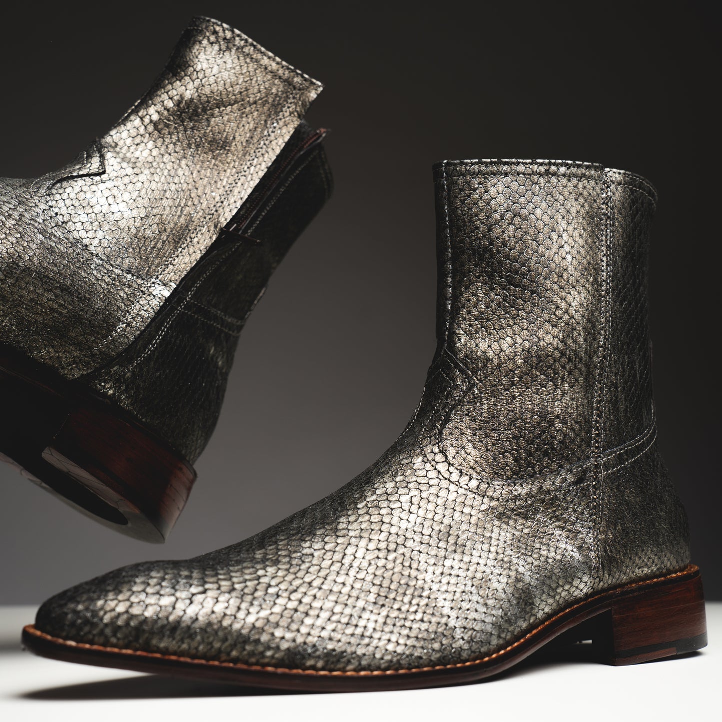 Copper printed python boots