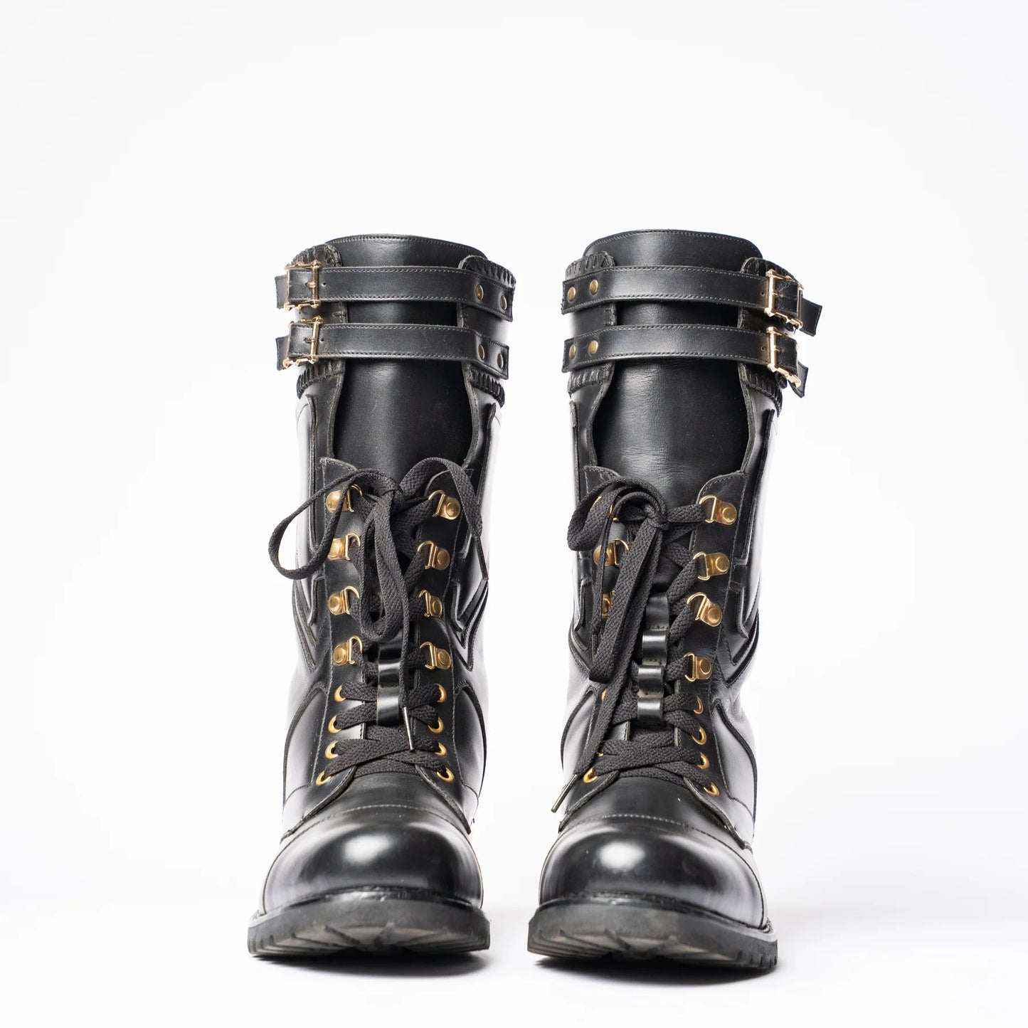 BLACK ROLEX STUDDED COMBAT BOOTS