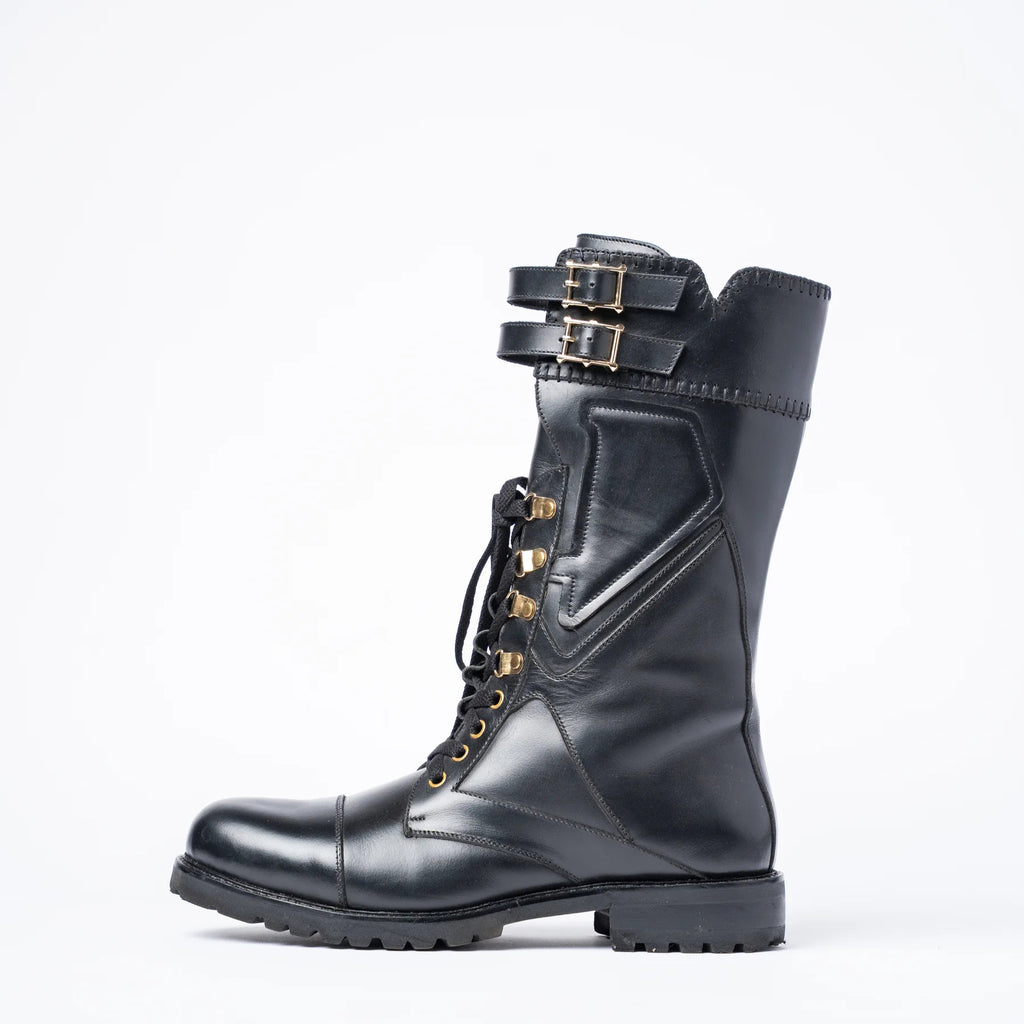 BLACK ROLEX STUDDED COMBAT BOOTS
