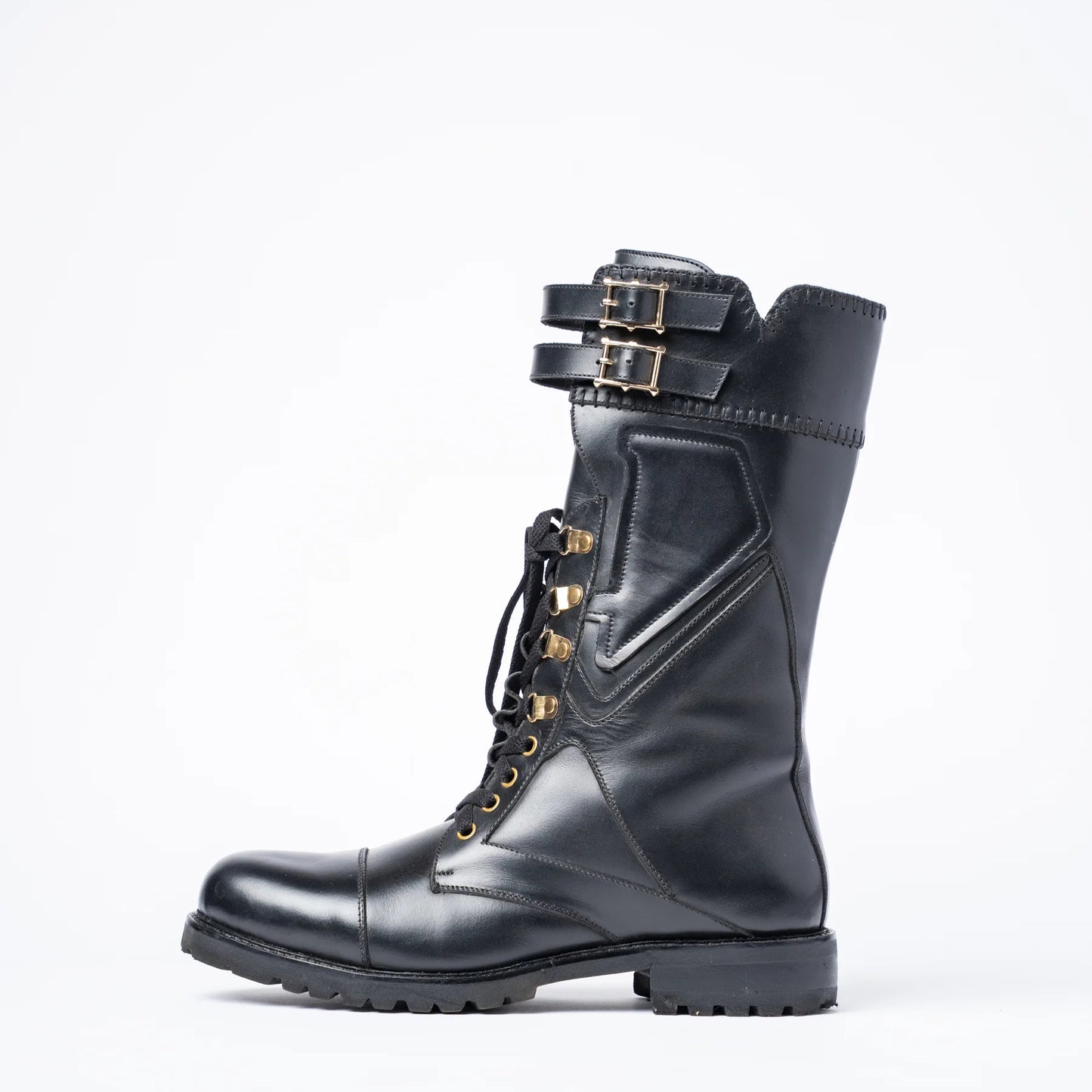 BLACK ROLEX STUDDED COMBAT BOOTS
