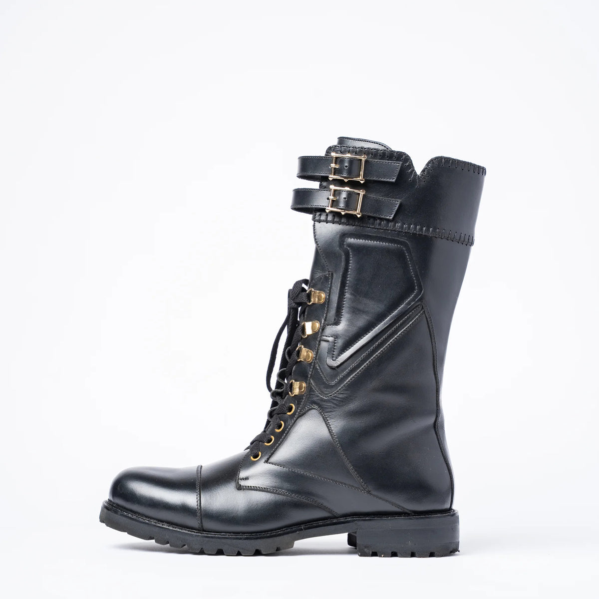 BLACK ROLEX STUDDED COMBAT BOOTS
