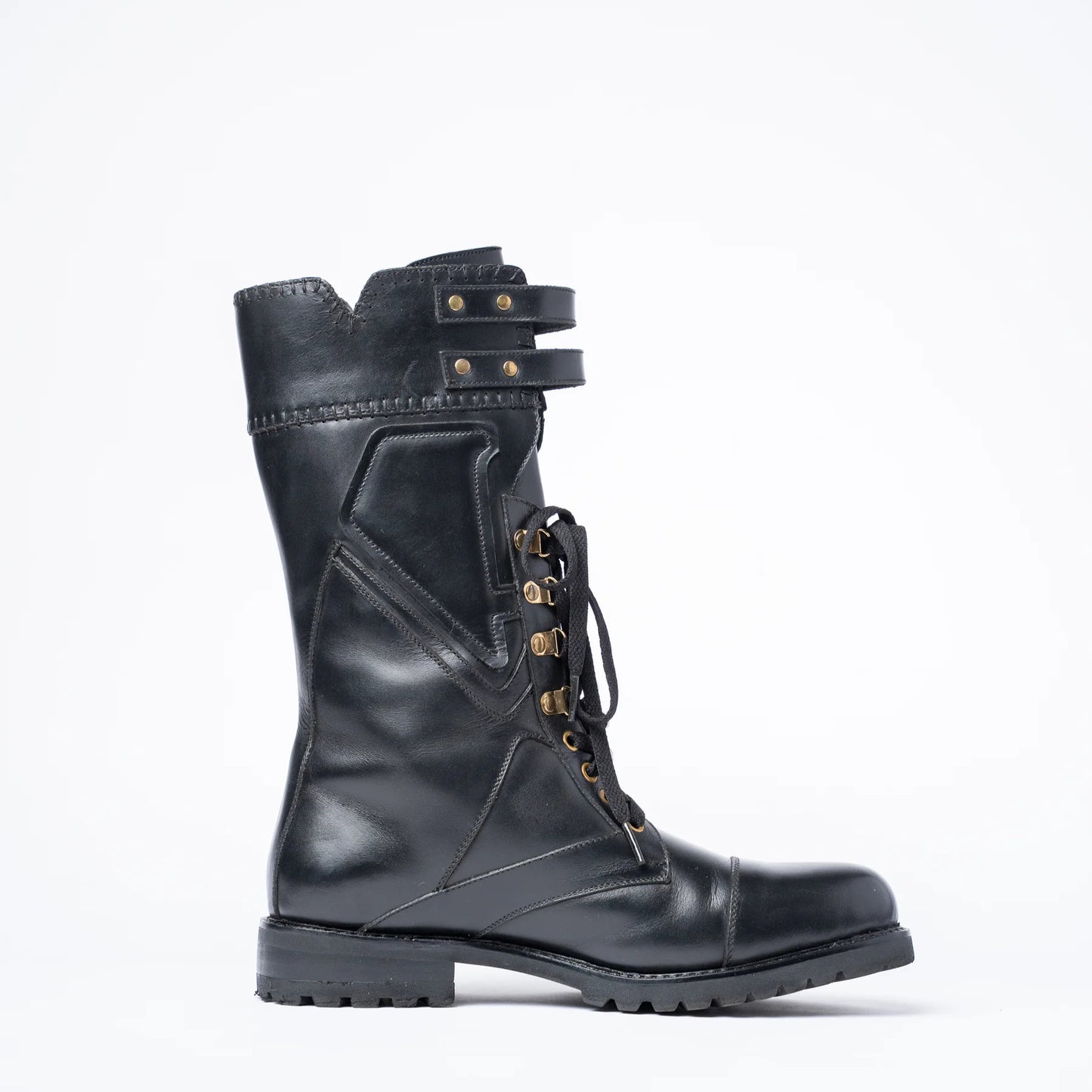 BLACK ROLEX STUDDED COMBAT BOOTS