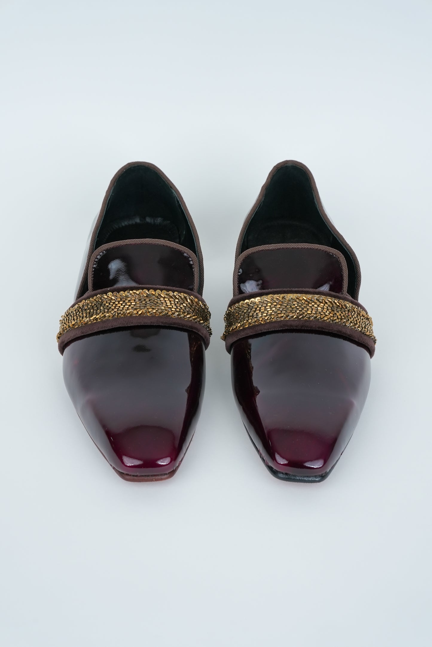 ASH BROWN AND GOLD STRIPE  EMBRIODERY WITH SQUARE  POINTED TOE LOAFER TUXEDO