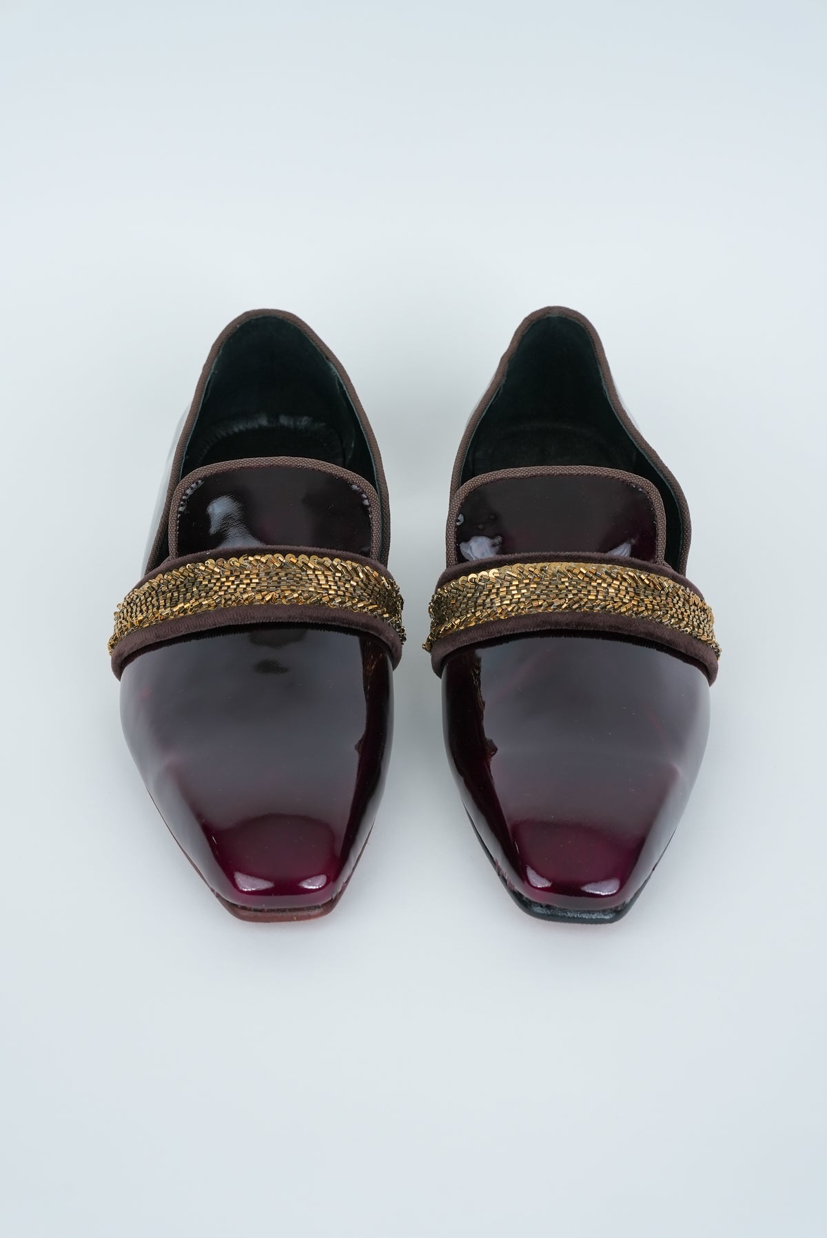 ASH BROWN AND GOLD STRIPE  EMBRIODERY WITH SQUARE  POINTED TOE LOAFER TUXEDO