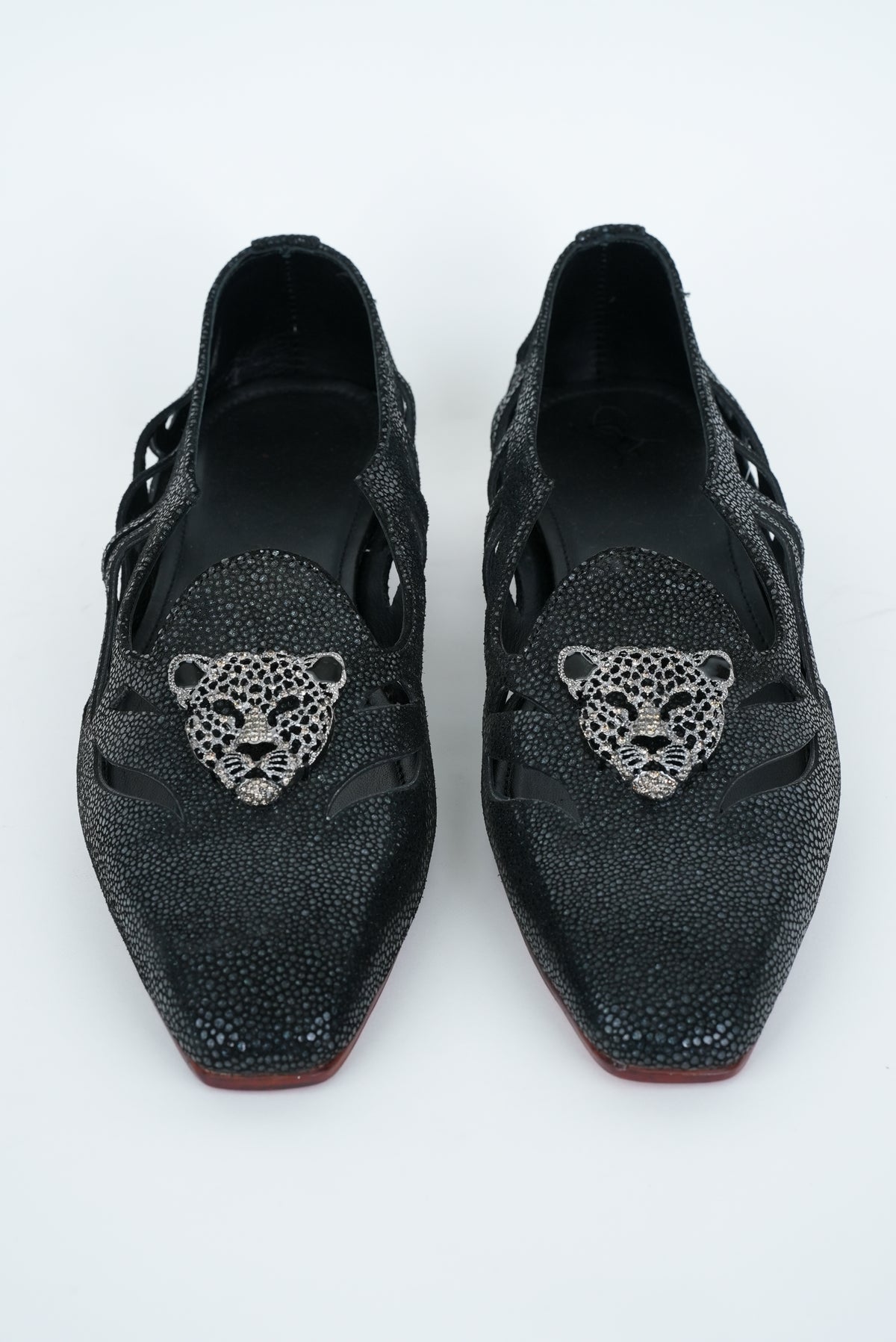 BLACK WITH CHEETAH CRYSTAL  STUD SQUARE POINTED TOE  CUT JUTTI