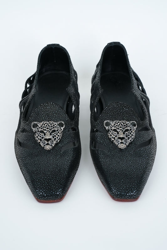 BLACK WITH CHEETAH CRYSTAL  STUD SQUARE POINTED TOE  CUT JUTTI