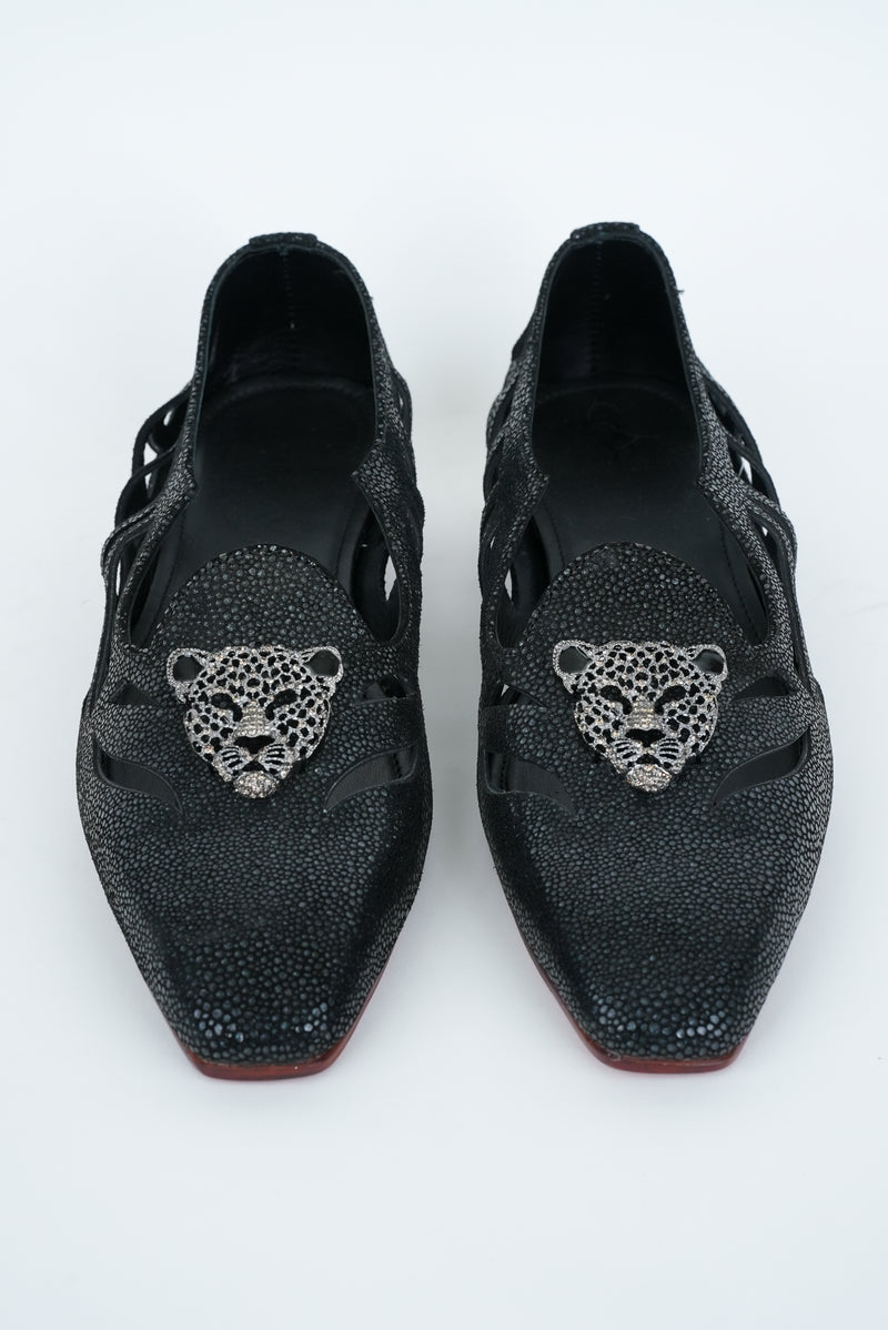 BLACK WITH CHEETAH CRYSTAL  STUD SQUARE POINTED TOE  CUT JUTTI