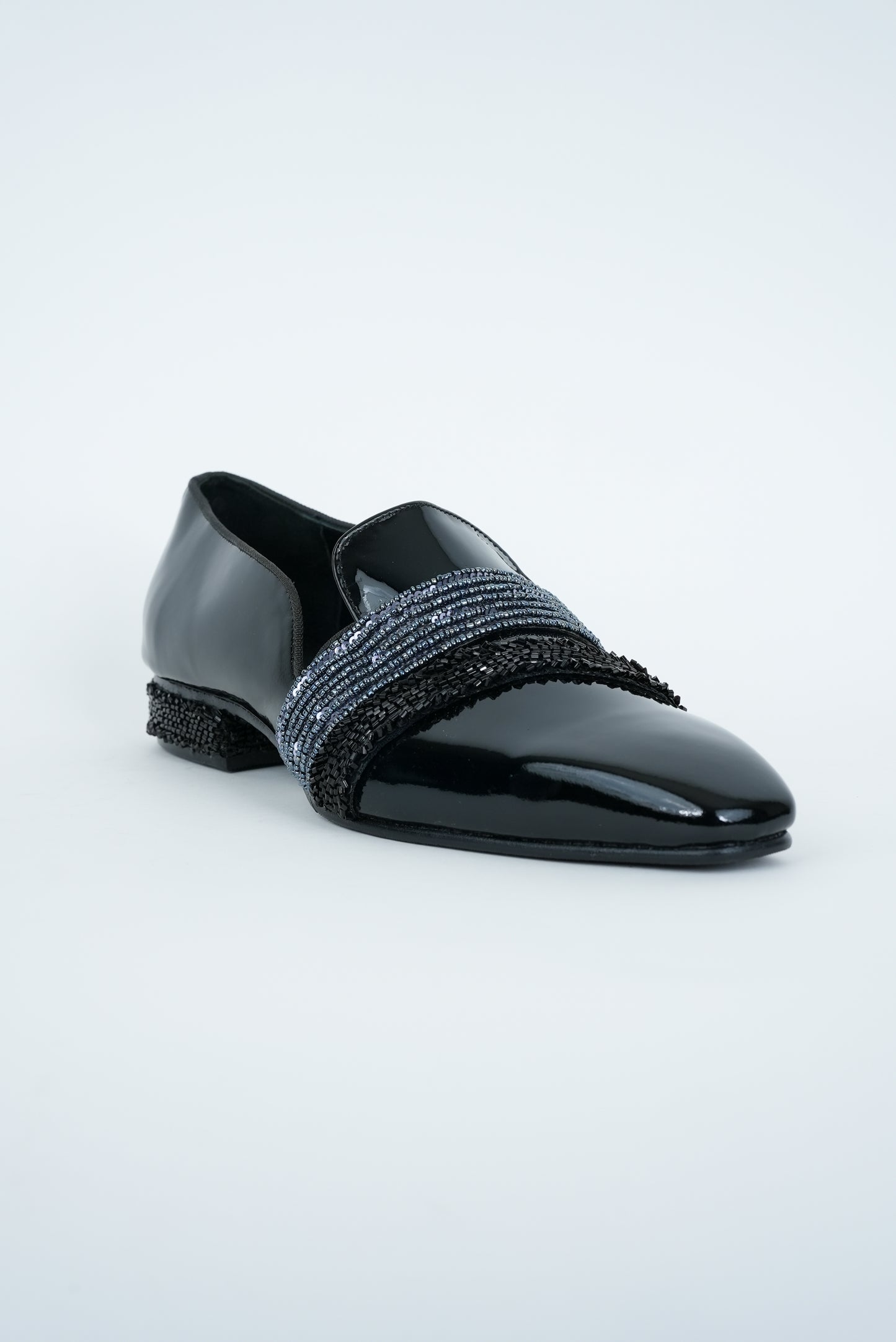 EVENING GLOSSY NAVY WITH METALLIC AND BLACK EMBRIODERY STRIPES SQUARE POINTED TOE  LOAFER TUXEDOS