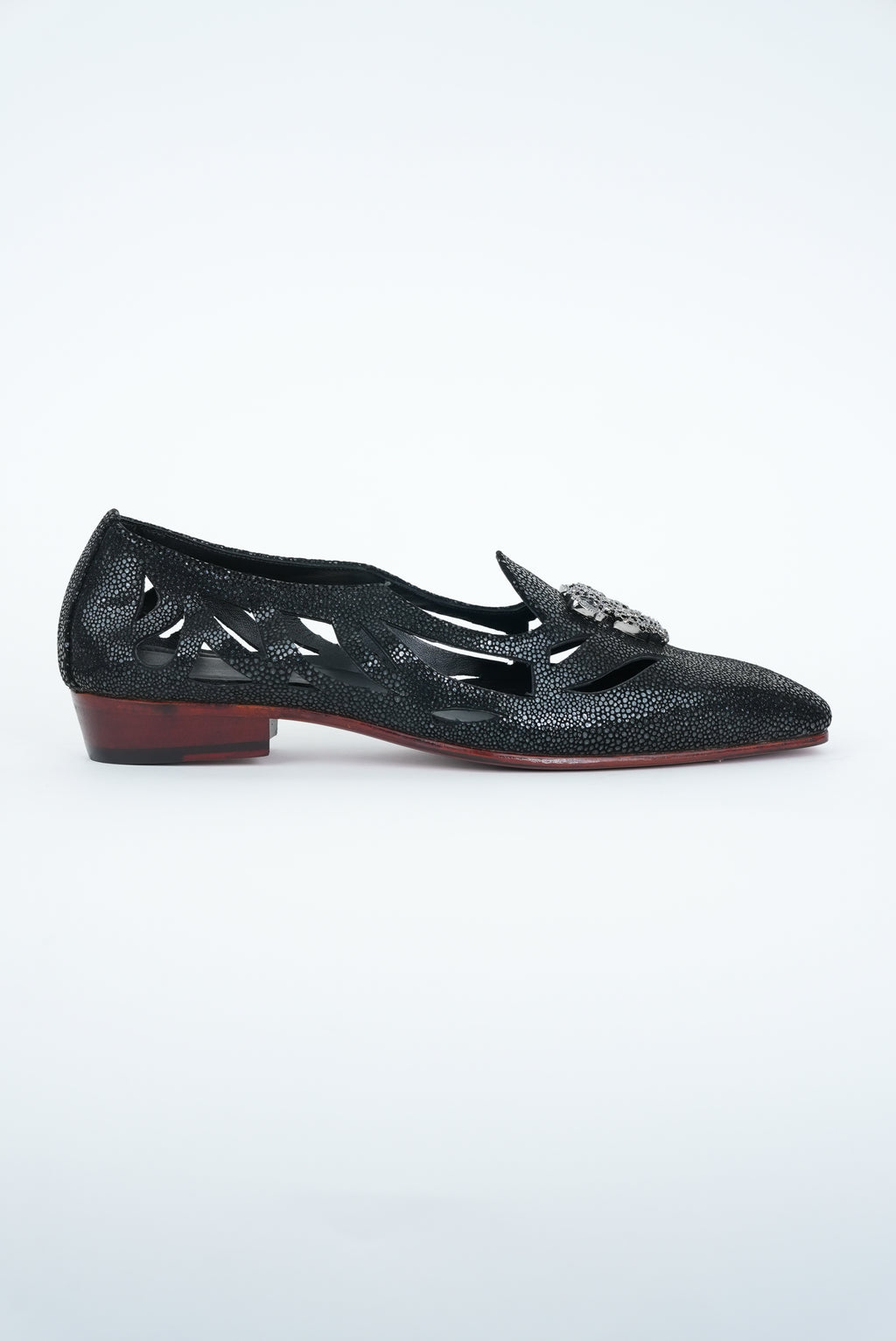BLACK WITH CHEETAH CRYSTAL  STUD SQUARE POINTED TOE  CUT JUTTI