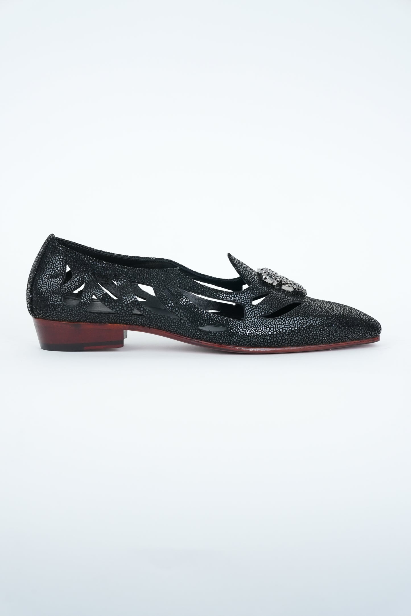 BLACK WITH CHEETAH CRYSTAL  STUD SQUARE POINTED TOE  CUT JUTTI