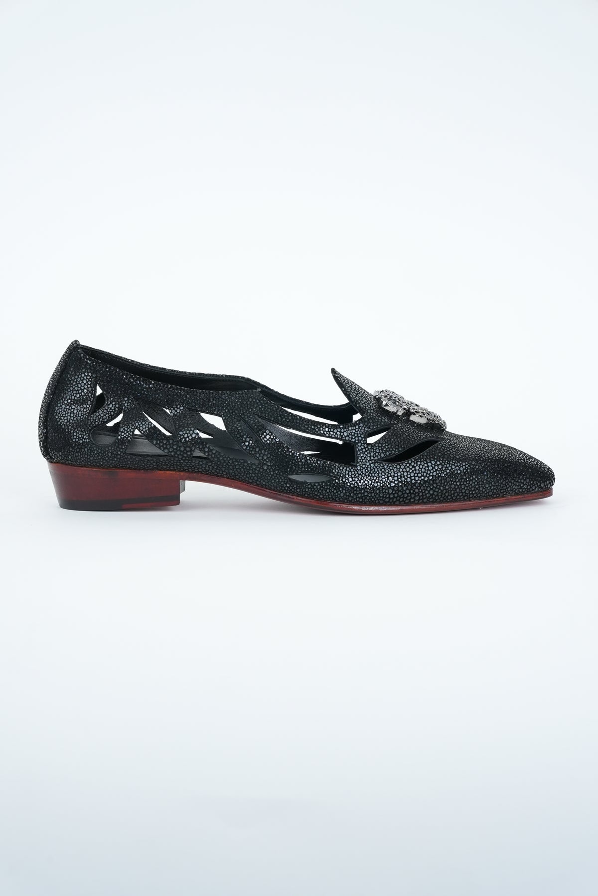 BLACK WITH CHEETAH CRYSTAL  STUD SQUARE POINTED TOE  CUT JUTTI