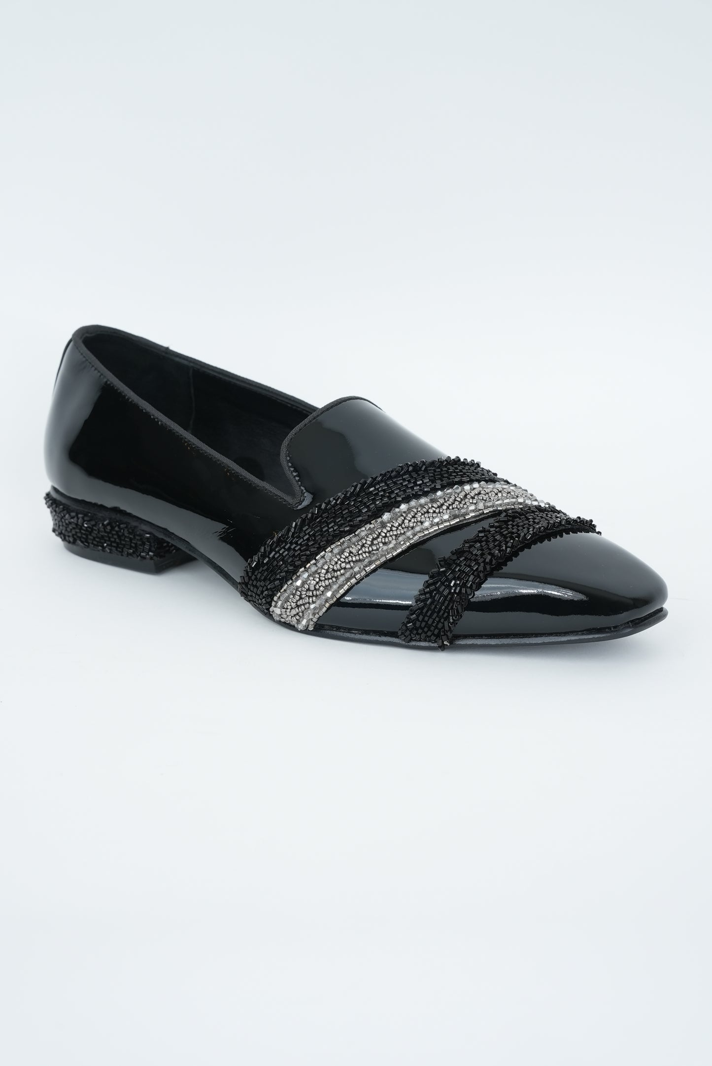 EVENING GLOSSY BLACK   WITH SILVER AND  BLACK EMBRIODERY STRIPES SQUARE POINTED TOE  LOAFER TUXEDOS