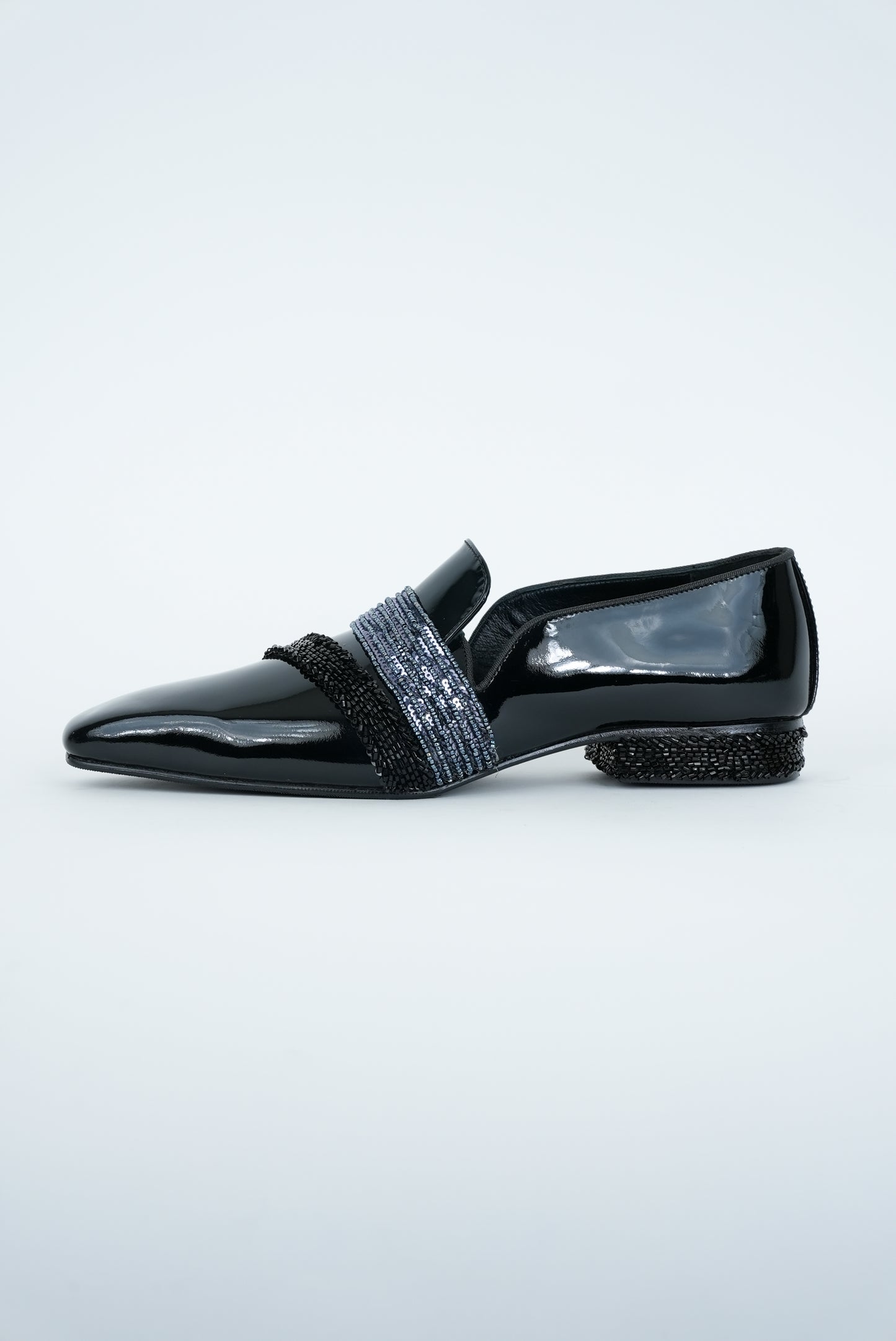 EVENING GLOSSY NAVY WITH METALLIC AND BLACK EMBRIODERY STRIPES SQUARE POINTED TOE  LOAFER TUXEDOS