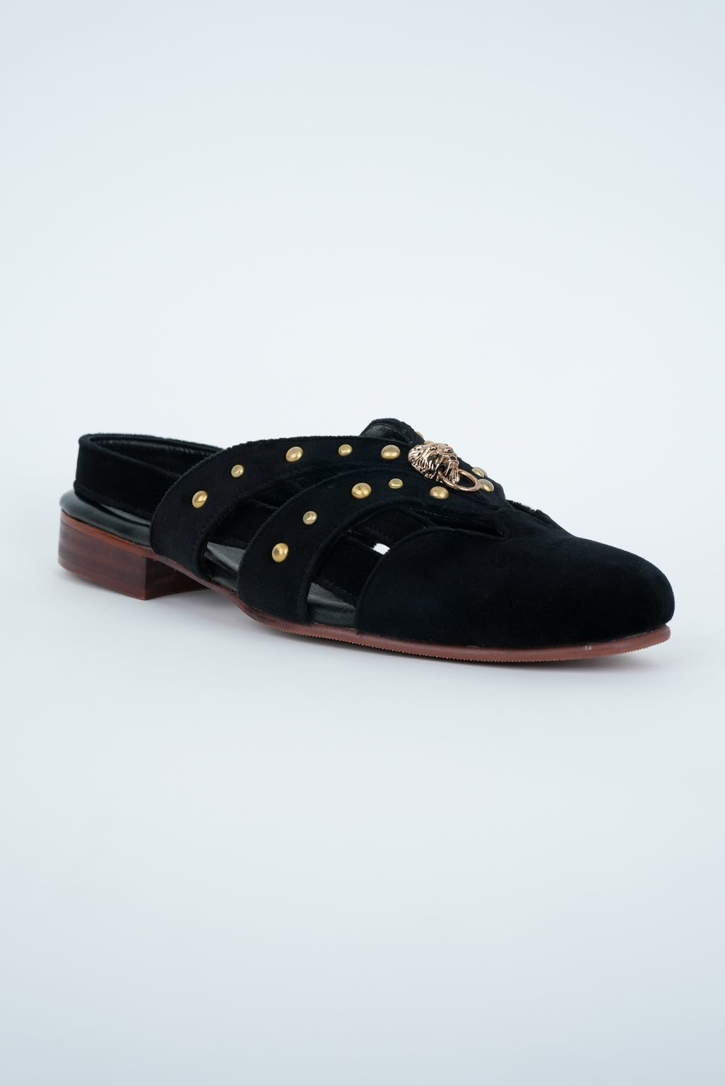 CLASSIC BLACK WITH GOLD  PINS AND LION STUD CUT SANDALS