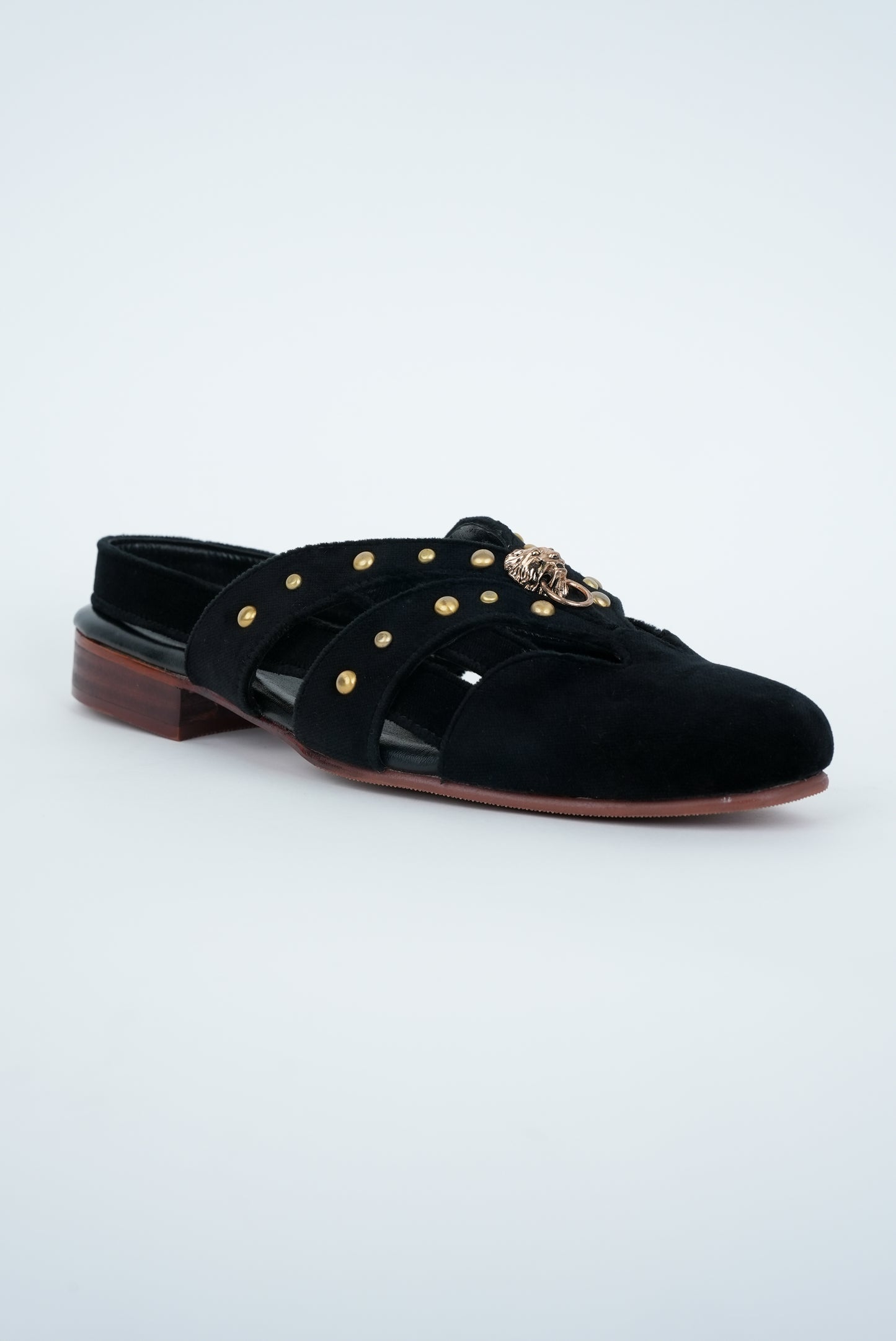 CLASSIC BLACK WITH GOLD  PINS AND LION STUD CUT SANDALS