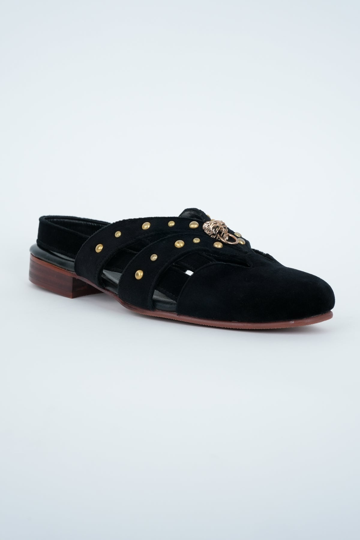 CLASSIC BLACK WITH GOLD  PINS AND LION STUD CUT SANDALS