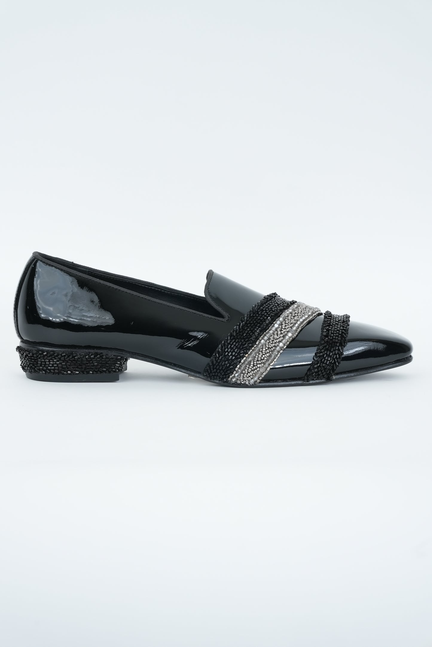 EVENING GLOSSY BLACK   WITH SILVER AND  BLACK EMBRIODERY STRIPES SQUARE POINTED TOE  LOAFER TUXEDOS