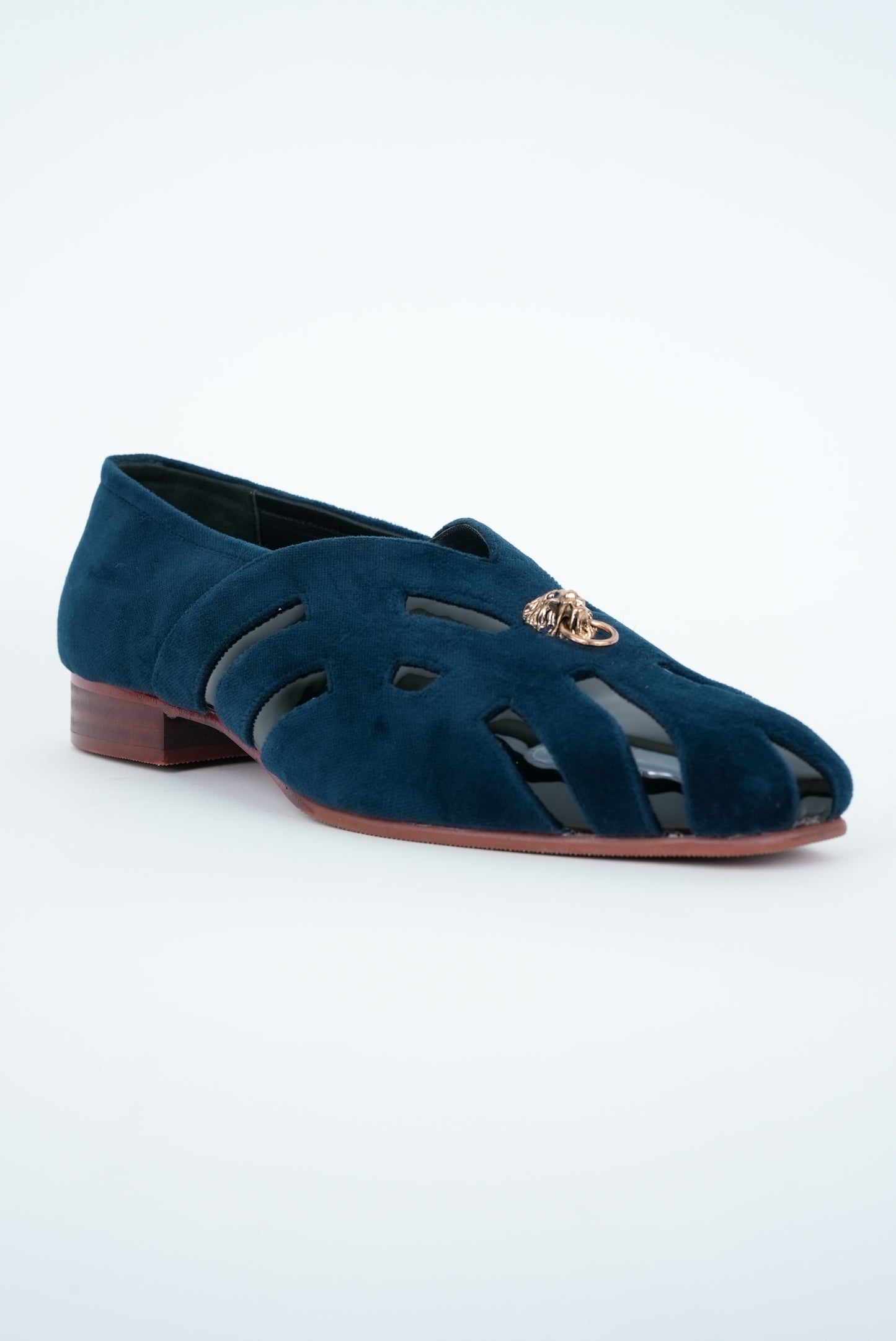 CLASSIC BLUE WITH GOLD  LION STUD AND SQUARE POINTED  TOE CUT JUTTI