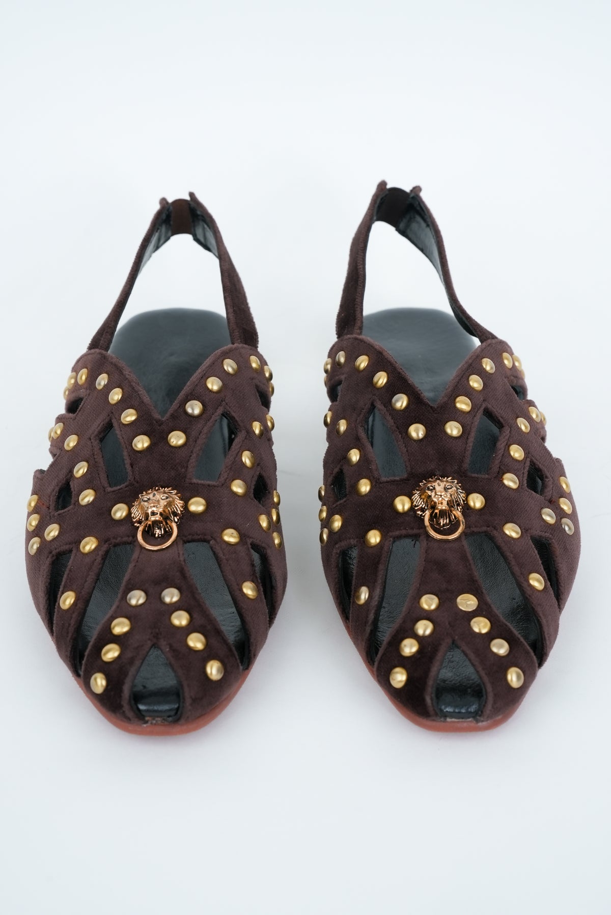 CLASSIC BROWN STRIPE WITH GOLD  PINS AND LION STUD  CUT SANDALS