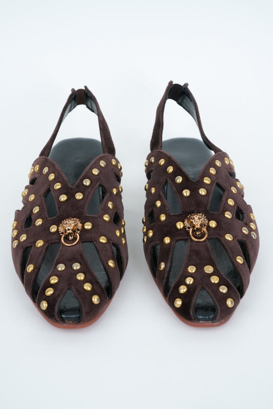 CLASSIC BROWN STRIPE WITH GOLD  PINS AND LION STUD  CUT SANDALS
