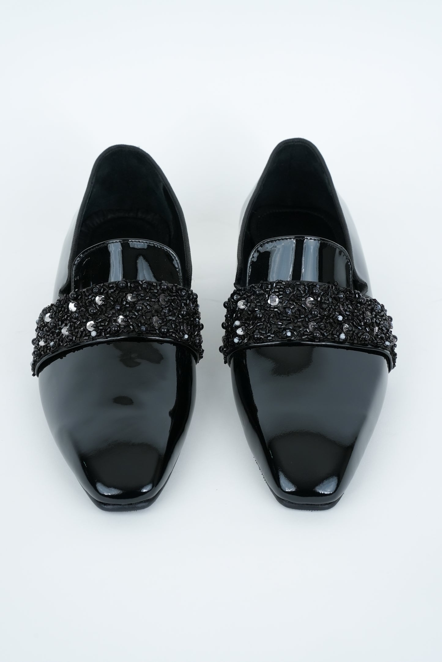 EVENING GLOSSY BLACK  WITH BLACK  EMBRIODERY STRAP SQUARE POINTED TOE  LOAFER TUXEDOS