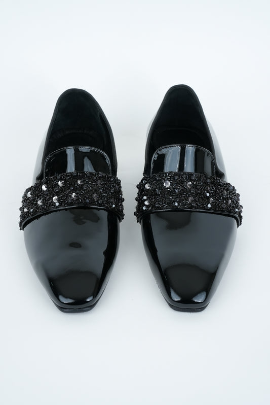 EVENING GLOSSY BLACK  WITH BLACK  EMBRIODERY STRAP SQUARE POINTED TOE  LOAFER TUXEDOS