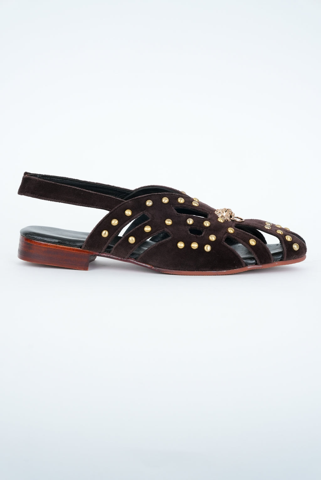 CLASSIC BROWN STRIPE WITH GOLD  PINS AND LION STUD  CUT SANDALS