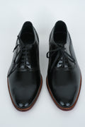 ASH BROWN LACED WHOLECUT  SHOES WITH A SQUARE  POINTED TOE  AND STACKED HEEL.