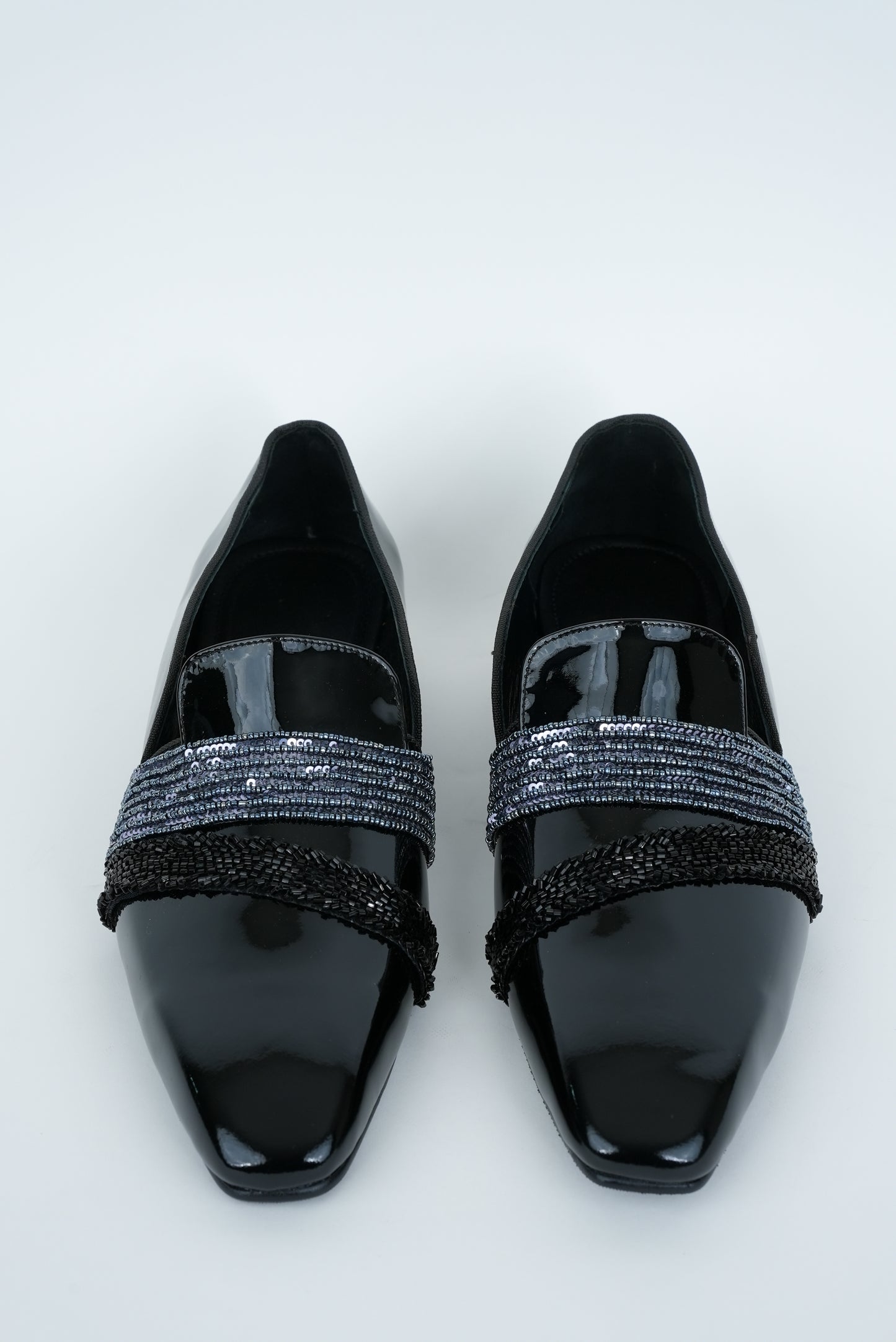 EVENING GLOSSY NAVY WITH METALLIC AND BLACK EMBRIODERY STRIPES SQUARE POINTED TOE  LOAFER TUXEDOS