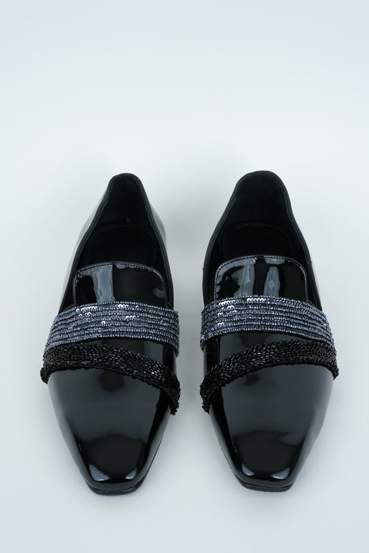 EVENING GLOSSY NAVY WITH METALLIC AND BLACK EMBRIODERY STRIPES SQUARE POINTED TOE  LOAFER TUXEDOS