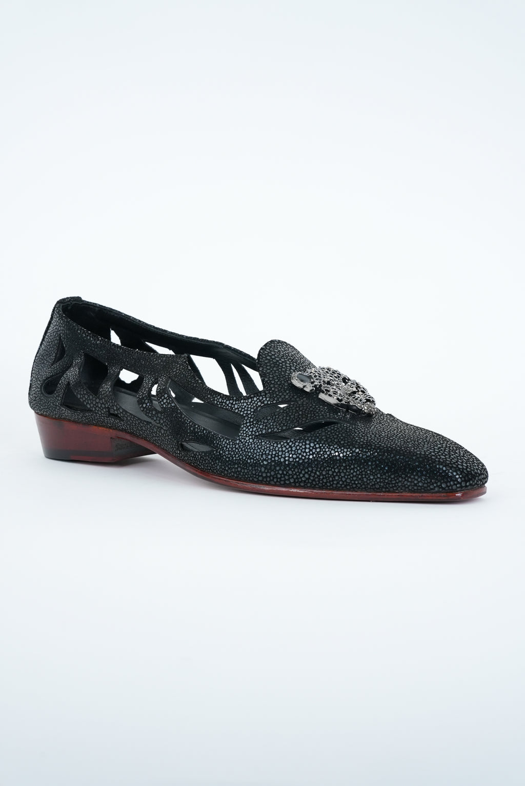 BLACK WITH CHEETAH CRYSTAL  STUD SQUARE POINTED TOE  CUT JUTTI