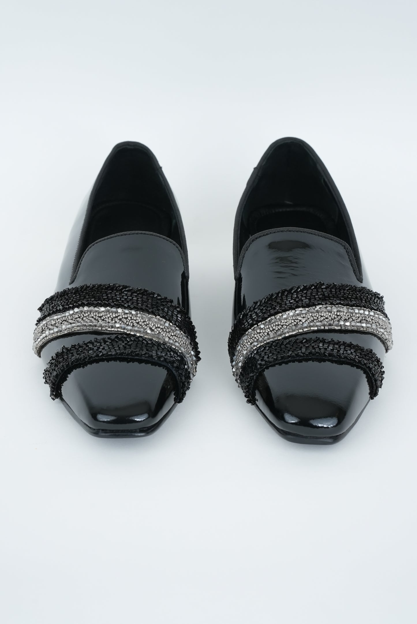 EVENING GLOSSY BLACK   WITH SILVER AND  BLACK EMBRIODERY STRIPES SQUARE POINTED TOE  LOAFER TUXEDOS