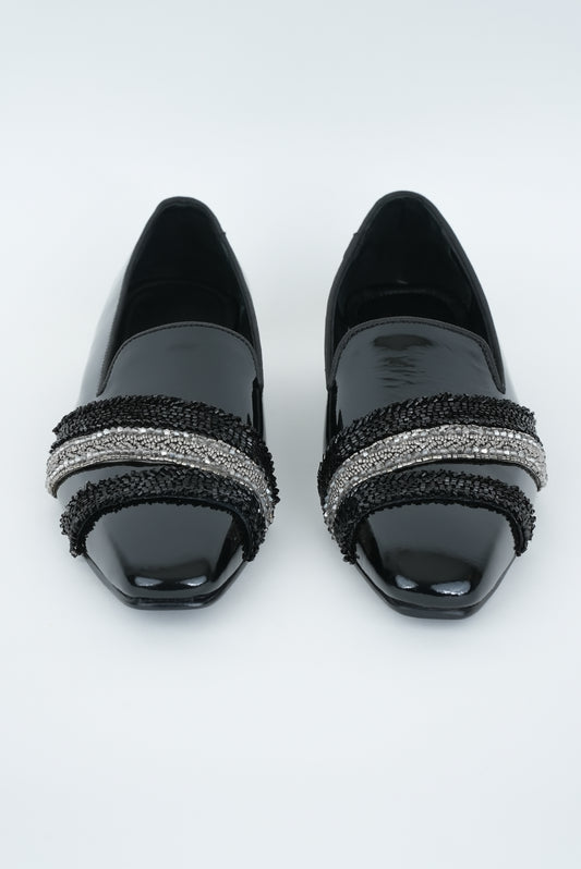 EVENING GLOSSY BLACK   WITH SILVER AND  BLACK EMBRIODERY STRIPES SQUARE POINTED TOE  LOAFER TUXEDOS