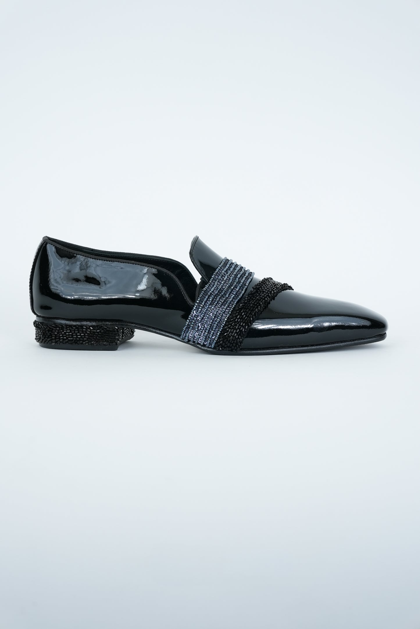 EVENING GLOSSY NAVY WITH METALLIC AND BLACK EMBRIODERY STRIPES SQUARE POINTED TOE  LOAFER TUXEDOS