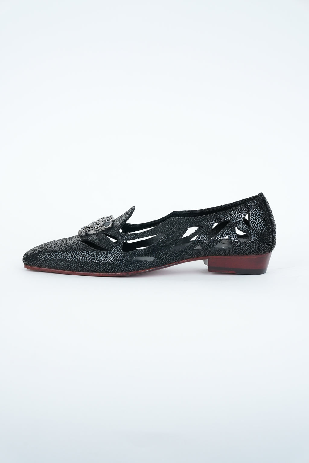 BLACK WITH CHEETAH CRYSTAL  STUD SQUARE POINTED TOE  CUT JUTTI