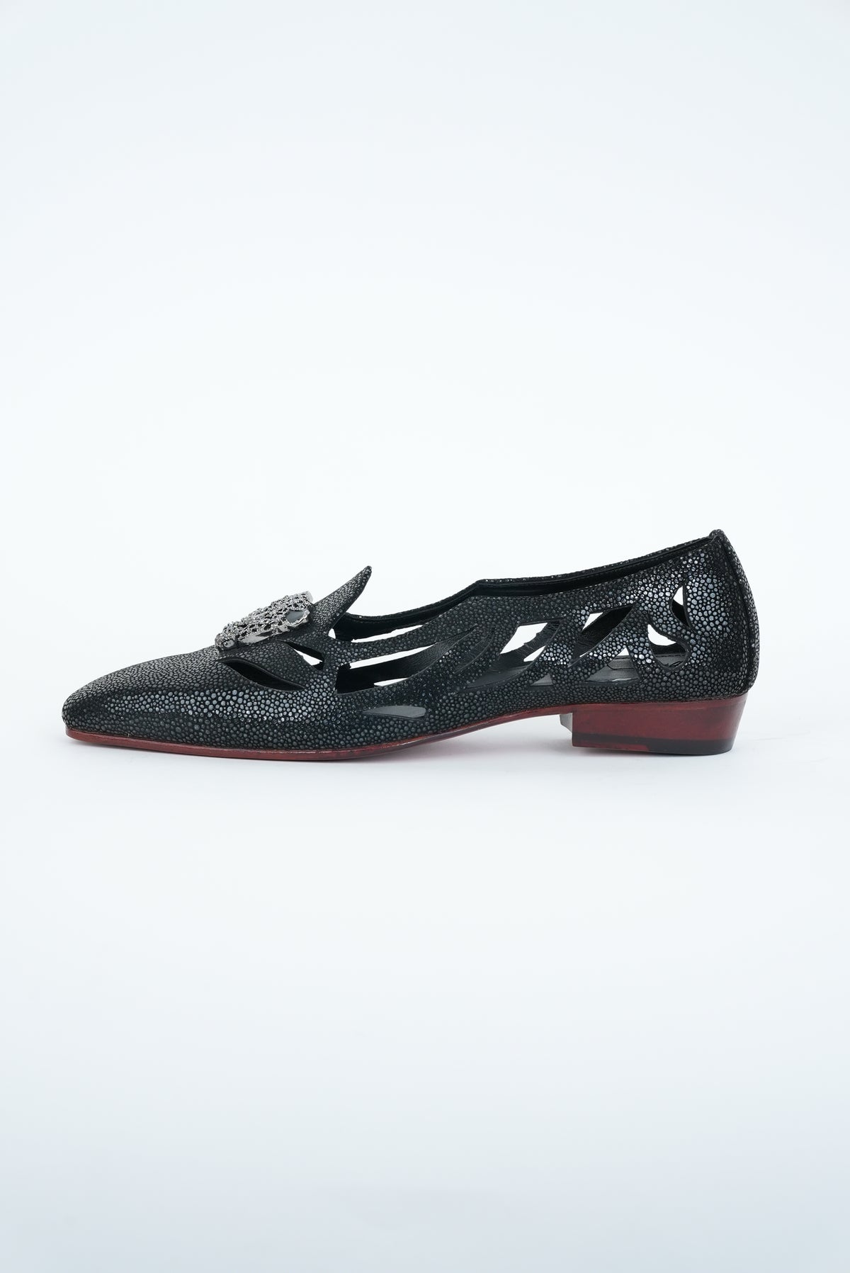 BLACK WITH CHEETAH CRYSTAL  STUD SQUARE POINTED TOE  CUT JUTTI