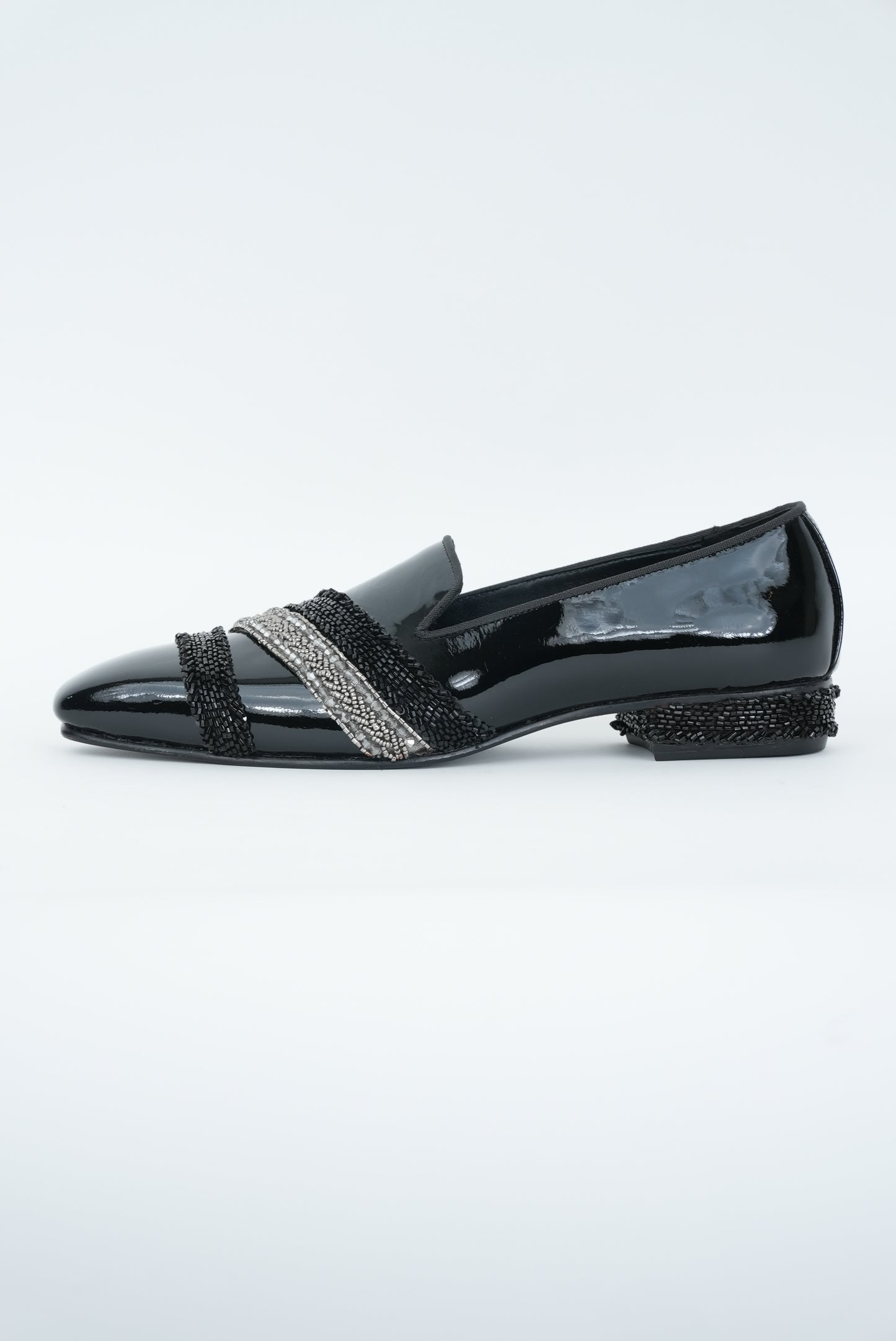 EVENING GLOSSY BLACK   WITH SILVER AND  BLACK EMBRIODERY STRIPES SQUARE POINTED TOE  LOAFER TUXEDOS