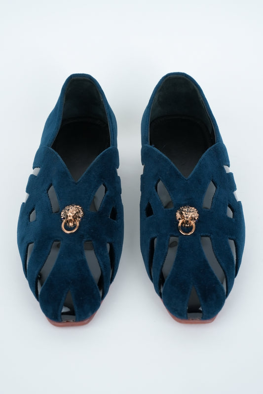 CLASSIC BLUE WITH GOLD  LION STUD AND SQUARE POINTED  TOE CUT JUTTI