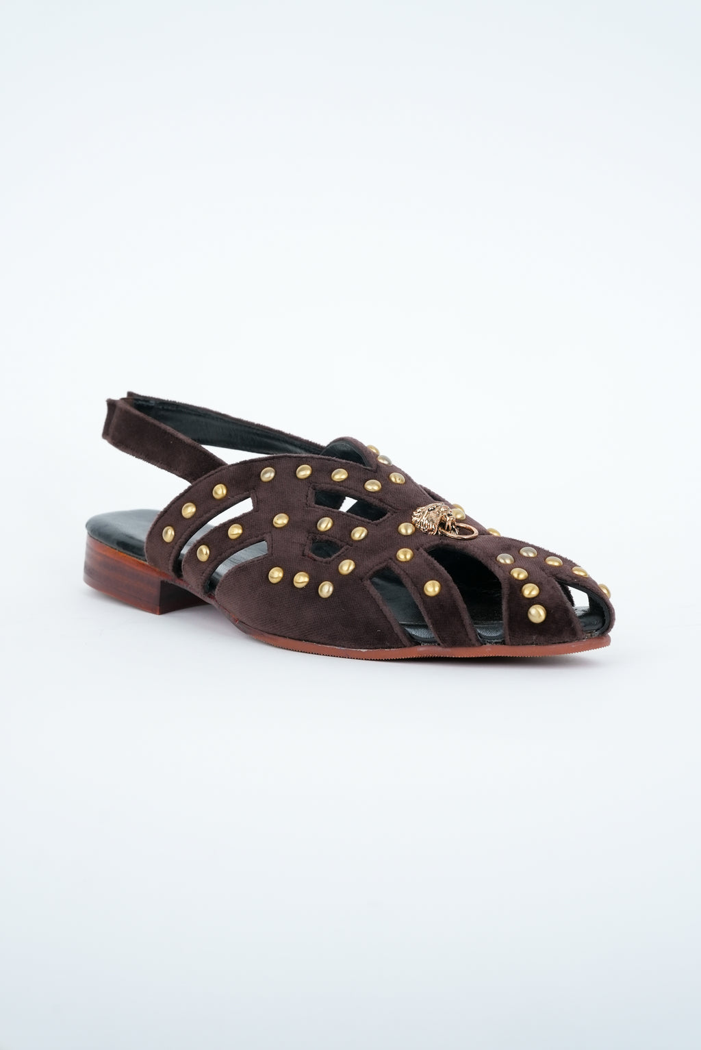 CLASSIC BROWN STRIPE WITH GOLD  PINS AND LION STUD  CUT SANDALS