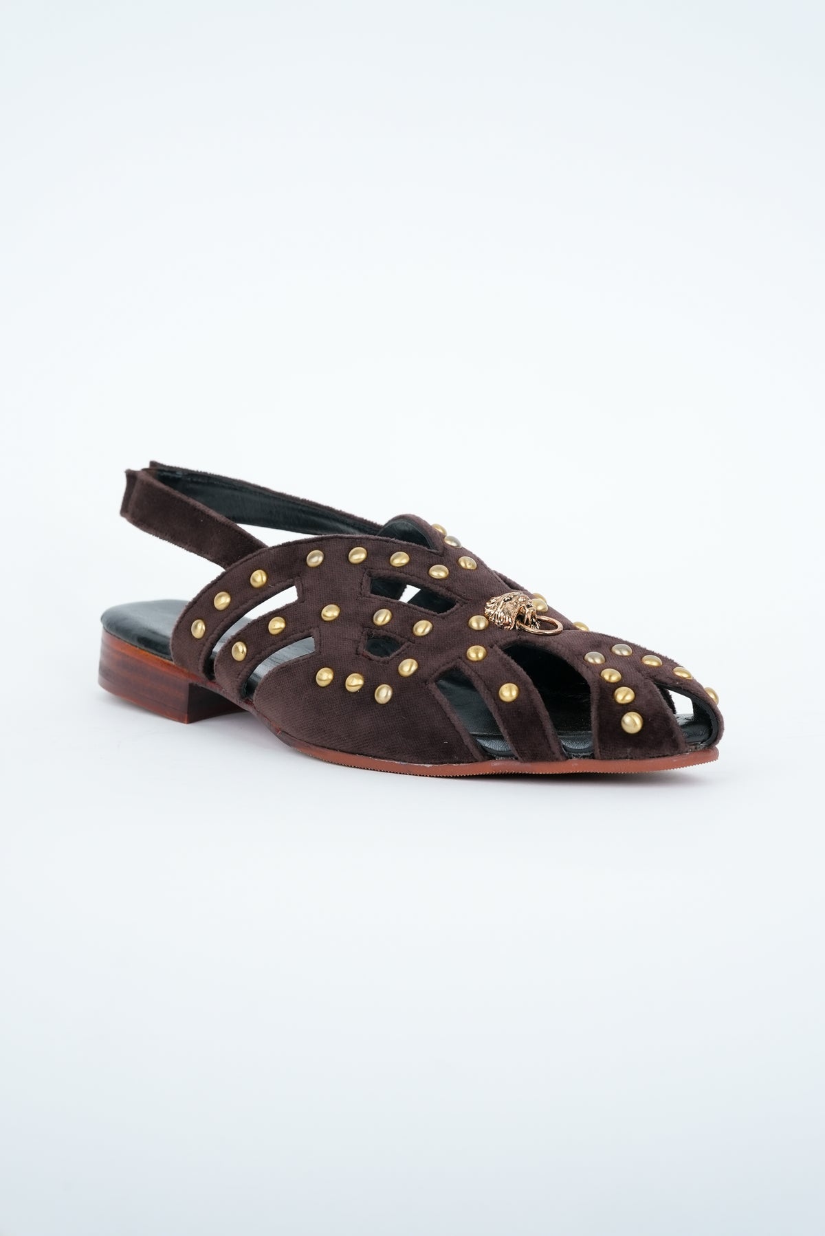 CLASSIC BROWN STRIPE WITH GOLD  PINS AND LION STUD  CUT SANDALS