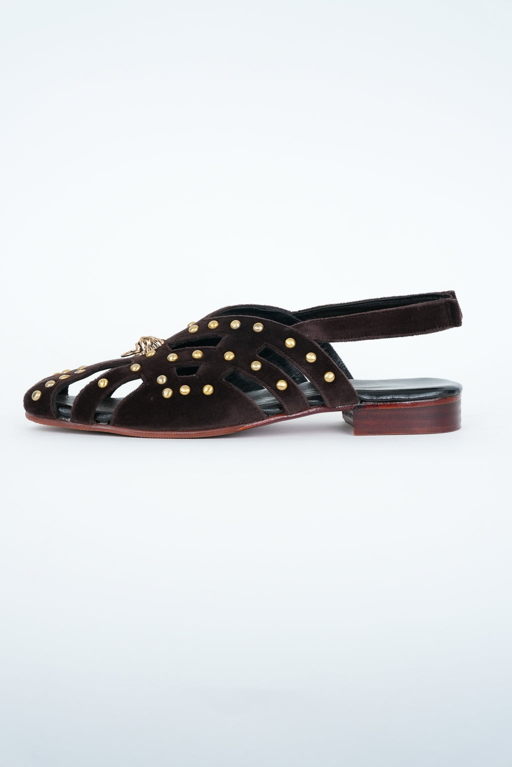 CLASSIC BROWN STRIPE WITH GOLD  PINS AND LION STUD  CUT SANDALS
